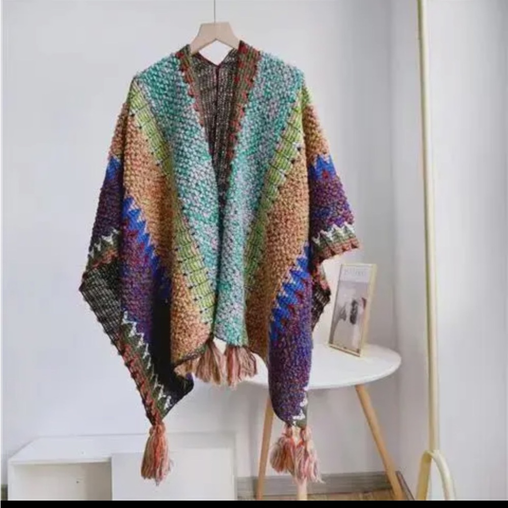 0030.  Colorful Knit Poncho with Tassels